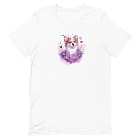 White crew neck short sleeved t-shirt, feature a graphic vibrant colorful hand-drawn dog face of a  Corgi puppy sitting in floral garden.