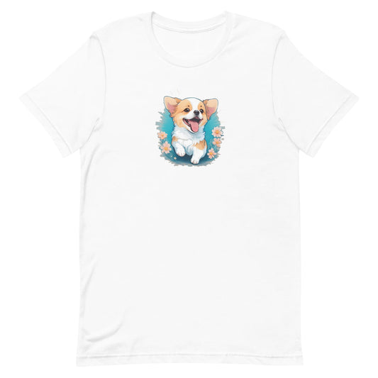 White crew neck short sleeved t-shirt, feature a graphic vibrant colorful hand-drawn Corgi puppy sitting in floral garden.