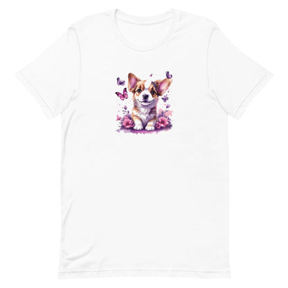 White crew neck short sleeved t-shirt, feature a graphic vibrant colorful hand-drawn Corgi puppy sitting in floral and butterfly garden. 