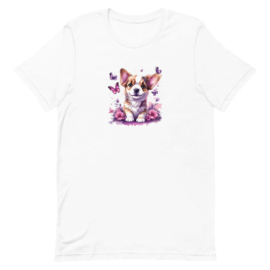 White crew neck short sleeved t-shirt, feature a graphic vibrant colorful hand-drawn Corgi puppy sitting in floral and butterfly garden. 