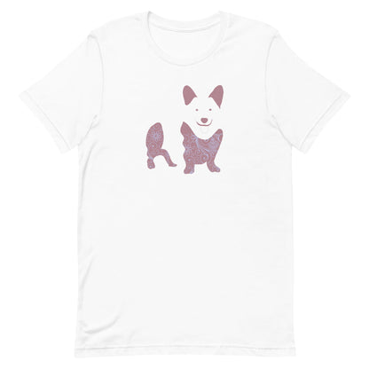 White crew neck short sleeved t-shirt, features a charming Corgi silhouette with floral, and patterned design. Makes a thoughtful gift for Corgi enthusiasts, pet parents, and flower power fans alike."