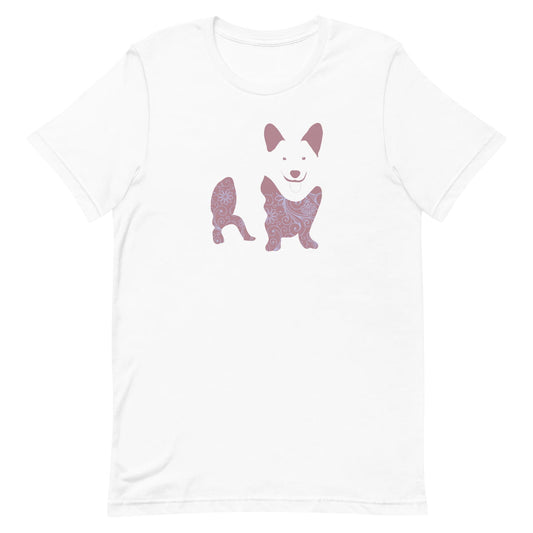 White crew neck short sleeved t-shirt, features a charming Corgi silhouette with floral, and patterned design. Makes a thoughtful gift for Corgi enthusiasts, pet parents, and flower power fans alike."