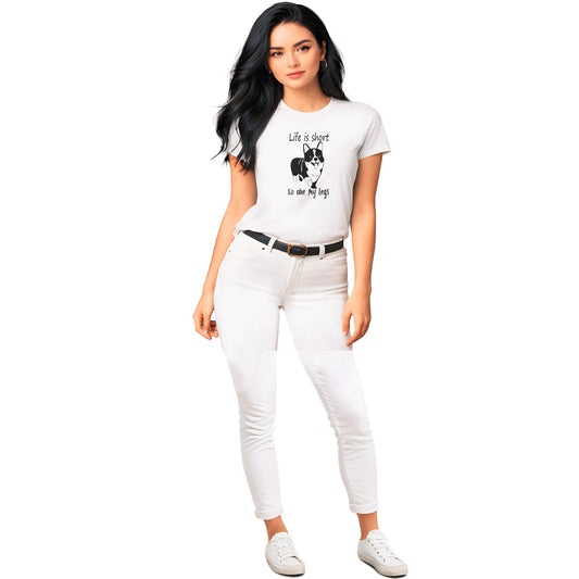White crew neck short sleeved t-shirt, feature a graphic black/white hand drawn Corgi and text ”life is short so are my legs” quote across chest. Female model shown in close-up to highlight print and fit.
