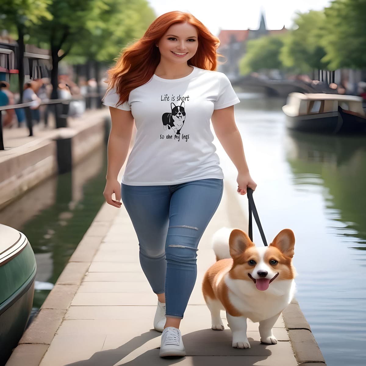 Women walking at a canal, with a corgi puppy, wearing a white crew neck short sleeved t-shirt, feature a graphic black/white hand drawn Corgi and text ”life is short so are my legs” quote across chest. 