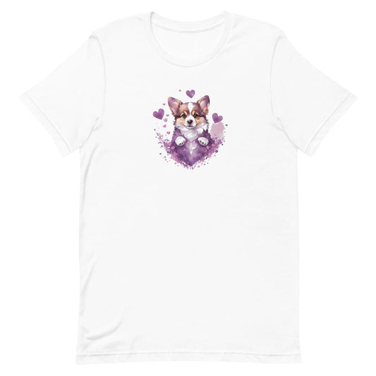 White crew neck short sleeved t-shirt, feature a graphic vibrant colorful hand-drawn Corgi puppy sitting in floral and butterfly garden.