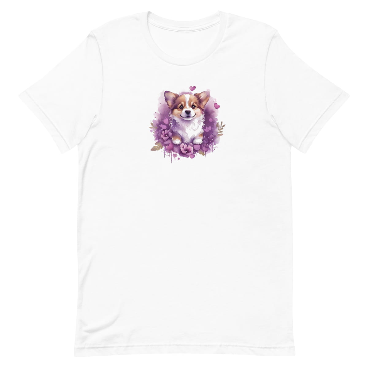 White crew neck short sleeved t-shirt, feature a graphic vibrant colorful hand-drawn Corgi puppy nestled amidst a garden of hearts and flowers in a charming wicker basket.