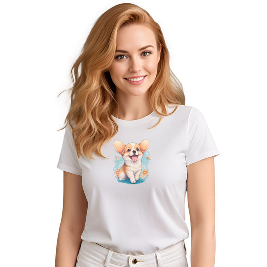 
White crew neck short sleeved t-shirt, feature a graphic vibrant colorful hand-drawn happy Corgi puppy nestled amidst a garden flowers .Female model shown in close-up to highlight print and fit.
