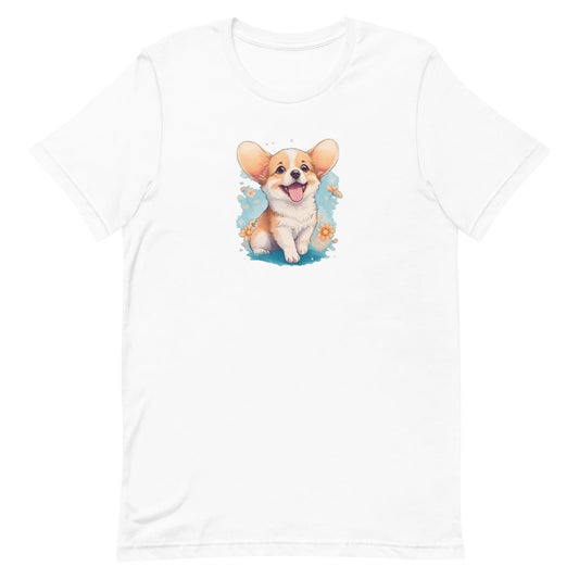 
White crew neck short sleeved t-shirt, feature a graphic vibrant colorful hand-drawn happy Corgi puppy nestled amidst a garden flowers.