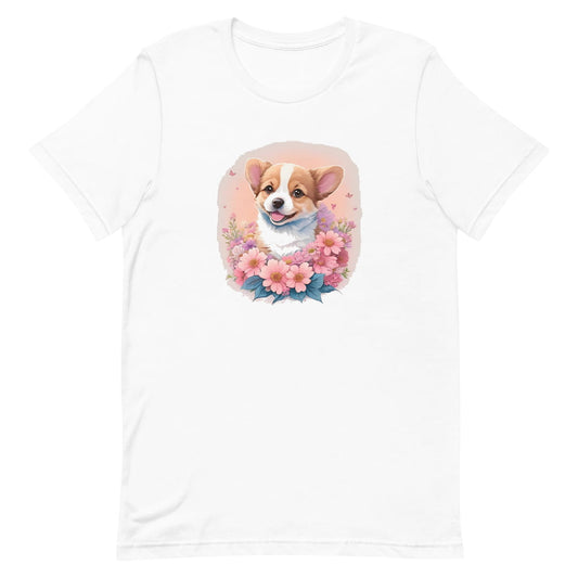 
White crew neck short sleeved t-shirt, feature a graphic vibrant colorful hand-drawn happy Corgi puppy nestled amidst a garden flowers 