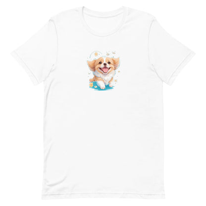 White crew neck short sleeved t-shirt, feature a graphic vibrant colorful hand-drawn happy Corgi puppy nestled amidst of flowers.
