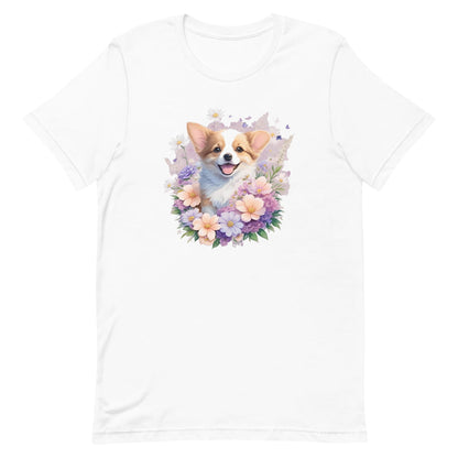 White crew neck short sleeve t-shirt with a colorful hand-drawn Corgi puppy graphic sitting in a floral garden