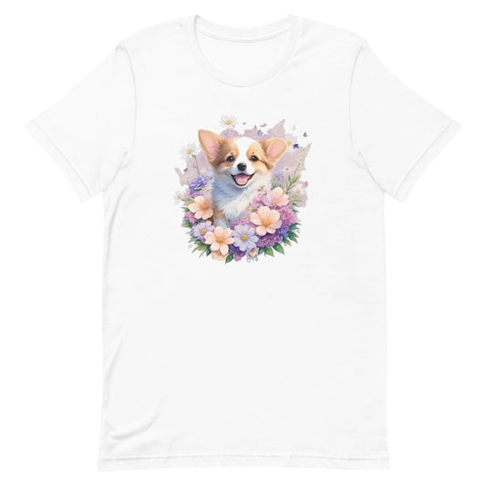 White crew neck short sleeve t-shirt with a colorful hand-drawn Corgi puppy graphic sitting in a floral garden