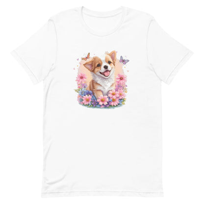 White crew neck short sleeved t-shirt, feature a graphic vibrant colorful hand-drawn dog face of a  Corgi puppy sitting in floral garden. 