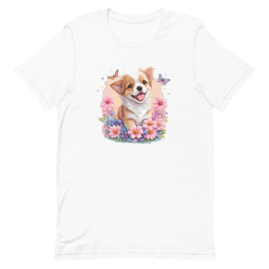 White crew neck short sleeved t-shirt, feature a graphic vibrant colorful hand-drawn dog face of a  Corgi puppy sitting in floral garden. 