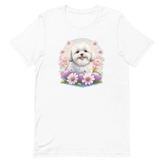 White crew neck short sleeve t-shirt with a colorful hand-drawn Coton de tulear puppy graphic sitting in a floral garden.