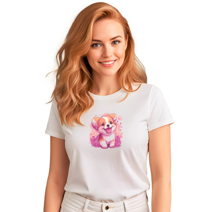 White crew neck short sleeved t-shirt, feature a graphic vibrant colorful hand-drawn puppy dog face  in vibrant purple/pink hue palette in a floral garden. Female model shown in close-up to highlight print and fit.