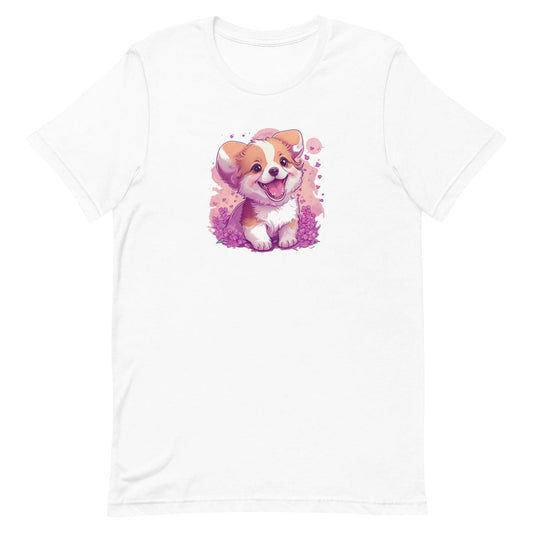
White crew neck short sleeved t-shirt, feature a graphic vibrant colorful hand-drawn puppy dog face  in vibrant purple/pink hue palette in a floral garden
