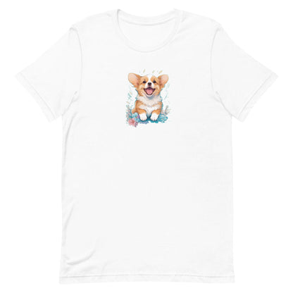 
White crew neck short sleeved t-shirt, feature a graphic vibrant colorful hand-drawn corgi puppy standing, happy face in vibrant palette in a floral garden.