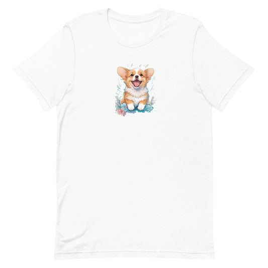 
White crew neck short sleeved t-shirt, feature a graphic vibrant colorful hand-drawn corgi puppy standing, happy face in vibrant palette in a floral garden.