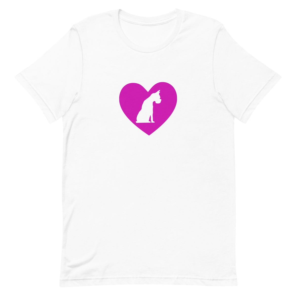 White crew neck short sleeved t-shirt, feature a graphic hand-drawn sitting dog in a nestle of pink heart.