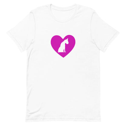 White crew neck short sleeved t-shirt, feature a graphic hand-drawn sitting dog in a nestle of pink heart.