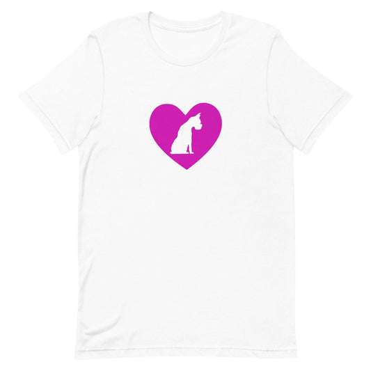 White crew neck short sleeved t-shirt, feature a graphic hand-drawn sitting dog in a nestle of pink heart.