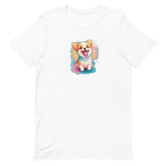White crew neck short sleeved t-shirt, feature a graphic vibrant colorful hand-drawn corgi puppy standing, happy face in vibrant palette in a floral garden