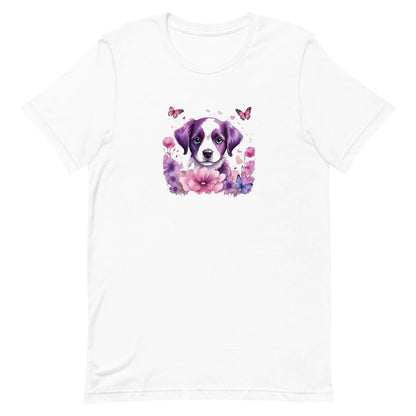 White crew neck short sleeved t-shirt, feature an intricate colorful hand-drawn lively puppy amidst a blooming wicker basket garden. 