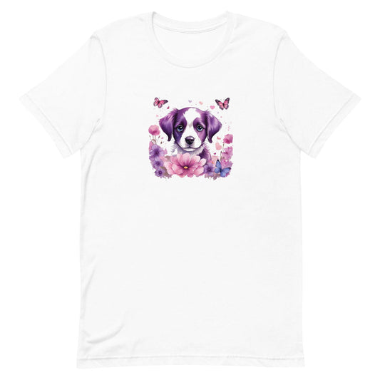 White crew neck short sleeved t-shirt, feature an intricate colorful hand-drawn lively puppy amidst a blooming wicker basket garden. 
