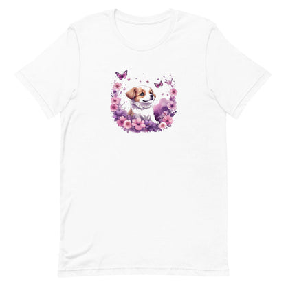 White crew neck short sleeved t-shirt, feature an intricate colorful hand-drawn lively puppy amidst a blooming wicker floral and butterfly basket garden