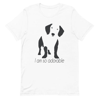 White crew neck short sleeved t-shirt, feature a feature a standing dachshund in black/white silhouette with quote "I am so adorable".