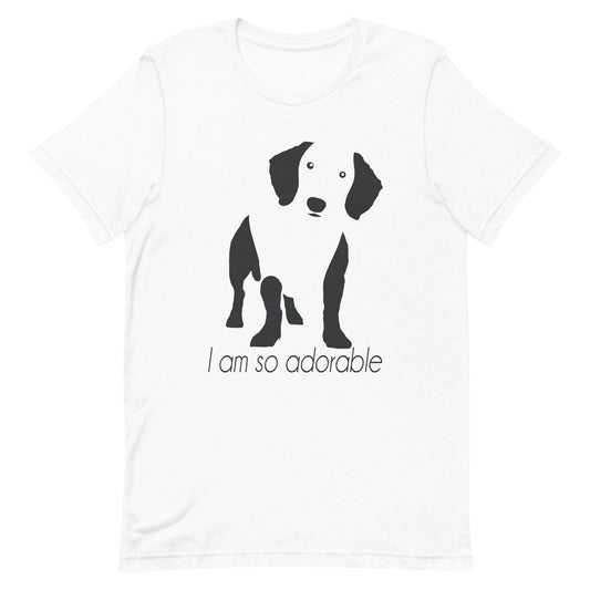 White crew neck short sleeved t-shirt, feature a feature a standing dachshund in black/white silhouette with quote "I am so adorable".
