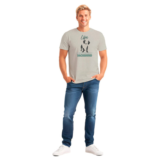 Male model wearing Dachshund graphic gray soft t-shirt, short sleeve crew neck, showcasing quote and dog silhouette design.
