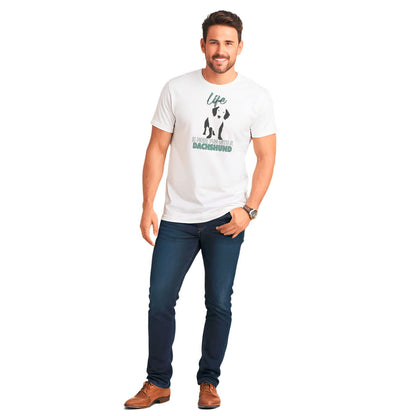 White unisex short sleeved cotton t-shirt worn by male model, showing Dachshund silhouette and “Life is more fun with a Dachshund” quote printed across the chest.