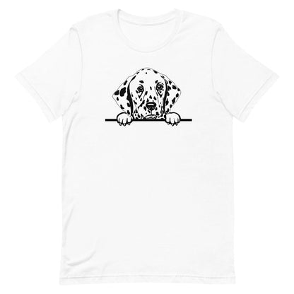 White crew neck short sleeved t-shirt, feature a cute adorable Dalmatian puppy Face