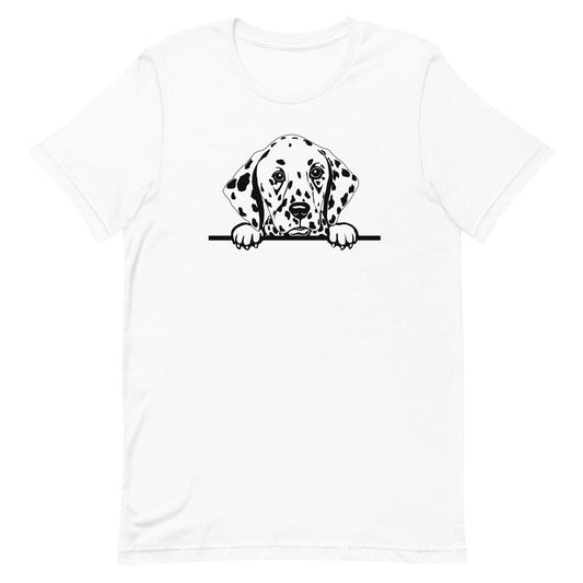 White crew neck short sleeved t-shirt, feature a cute adorable Dalmatian puppy Face