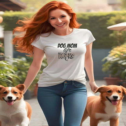 Women playing with two dogs in the garden, she is wearing a white crew neck short sleeved t-shirt, feature fun quote and statement" Dog Mom Rocks" in 3d black/white graphic