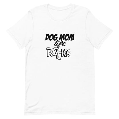White crew neck short sleeved t-shirt, feature fun quote and statement" Dog Mom Rocks" in 3d black/white graphic.