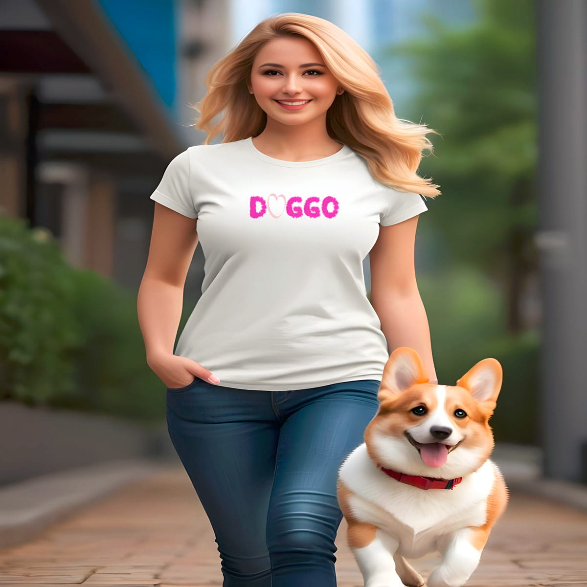 
Women walking outside with a corgi, she is wearing a white crew neck short sleeved t-shirt, features a fluffy purple outline "DOGGO"and a cute pink heart.