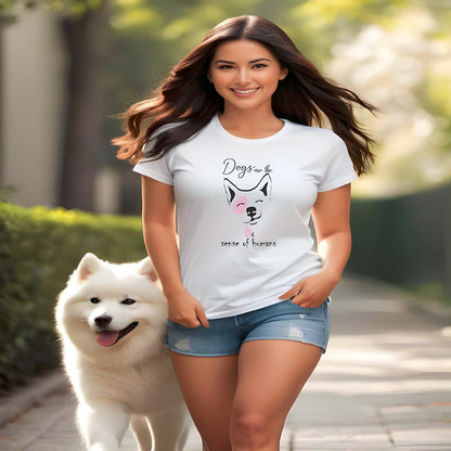 Women walking with an adorable dog, wearing a white crew neck short sleeved t-shirt, feature an adorable corgi face squint-eyed pooch backed by the humorous text "dogs are the 6th sense of humans. 