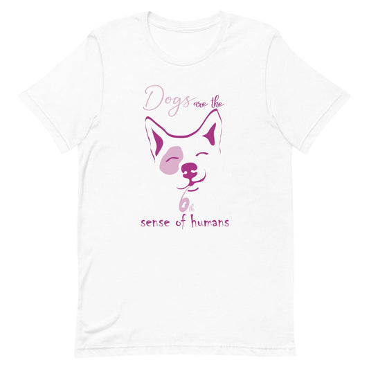 
White crew neck short sleeved t-shirt, feature a cute happy corgi dog face, with a fun statement, quote with a twist ”Dogs are the 6th sense of humans”.