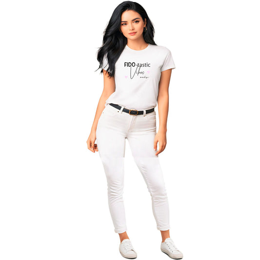 White crew neck short sleeved t-shirt, feature a fun statement, quote ”Fido-tastic Vibes Only”. Female model shown in close-up to highlight print and fit.