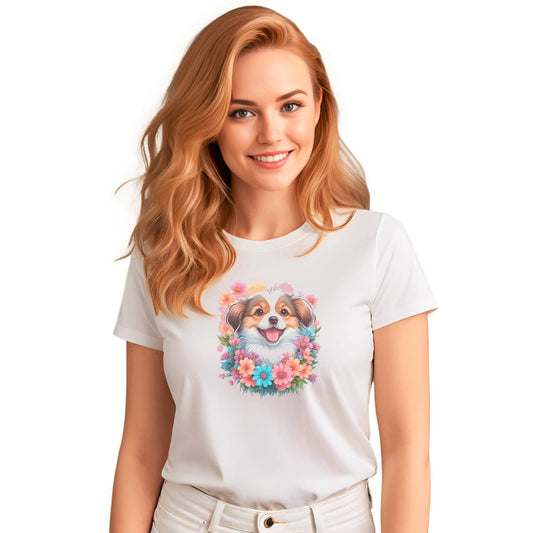 White crew neck short sleeved t-shirt, feature a vibrant floral design with an adorable Aussie Shepherd pup amidst a blossoming paradise. Female model shown in close-up to highlight print and fit.
