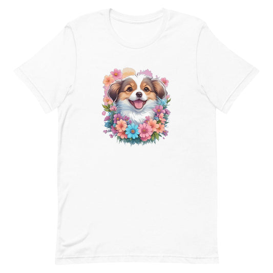 White crew neck short sleeved t-shirt, feature a vibrant floral design with an adorable Aussie Shepherd pup amidst a blossoming paradise