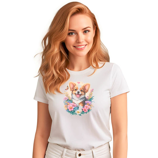 White crew neck short sleeved t-shirt, featuring an enchanting corgi puppy nestle in hearts, butterflies and vibrant colorful garden.  Female model shown in close-up to highlight print and fit.