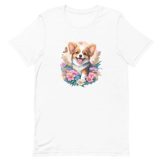 White crew neck short sleeved t-shirt, featuring an enchanting corgi puppy nestle in hearts, butterflies and vibrant colorful garden. 