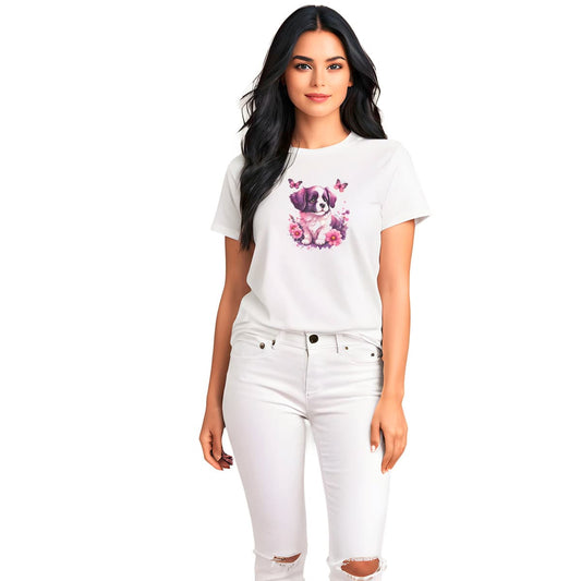 White crew neck short sleeved t-shirt,Feature a vibrant, adorable puppy nestled amidst a flourishing bouquet in a rustic wicker basket. Female model shown in close-up to highlight print and fit.