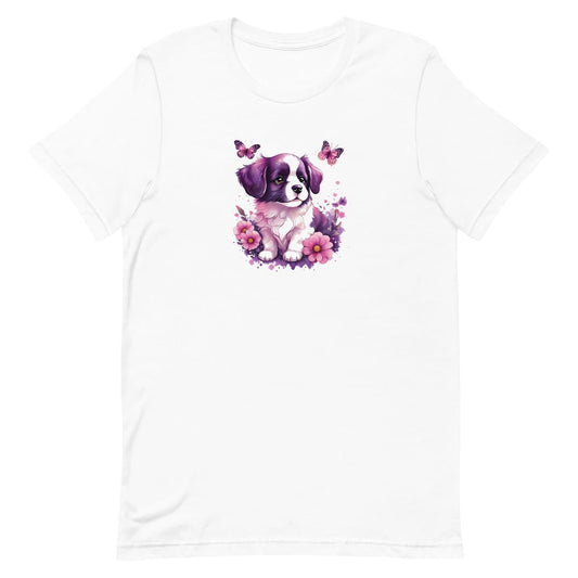White crew neck short sleeved t-shirt,Feature a vibrant, adorable puppy nestled amidst a flourishing bouquet in a rustic wicker basket.