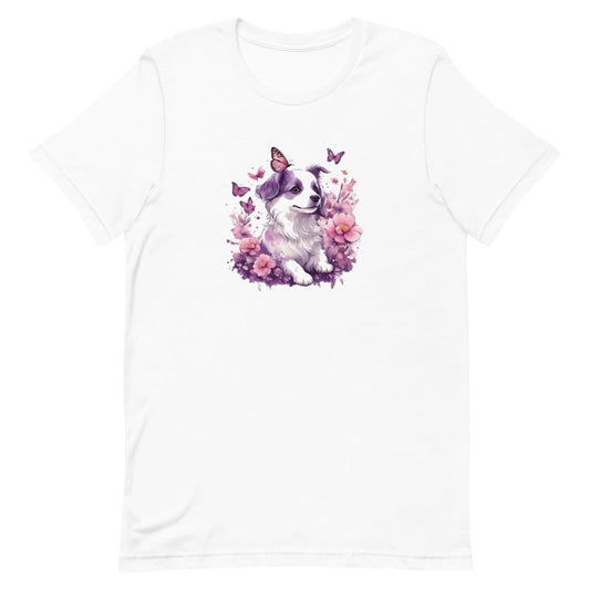 White crew neck short sleeved t-shirt, featuring an adorable, lovable puppy nestled amidst a blooming floral spectacle within a quaint wicker basket. 