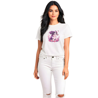 White crew neck short sleeved t-shirt, features a puppy in a wicked basket overflowing with delicate floral. Female model shown in close-up to highlight print and fit.
